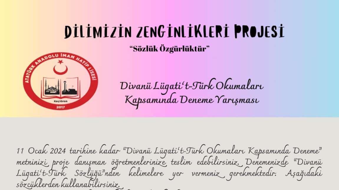 Divanü Lügati't Türk Okumaları Kapsamında Deneme Yarışması 11 Ocak 2024 tarihinde yapılacaktır.